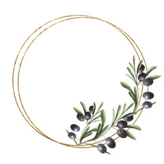 Watercolor hand painted nature circle frame with green olive branches bouquet and golden for invite and greeting card