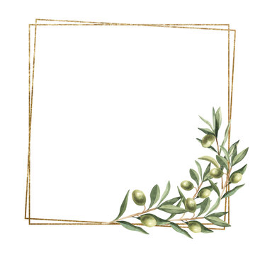 Square golden frame with golden olive branch watercolor illustration. Minimalism of forms in a square frame
