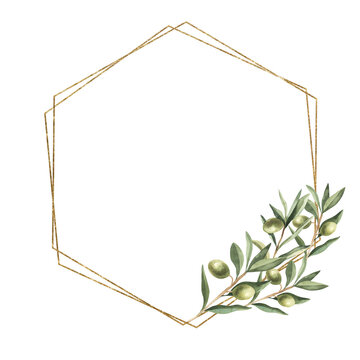 Watercolor floral illustration - olive leaf wreath, frame with gold geometric shape, for wedding stationary, greetings, wallpapers, fashion