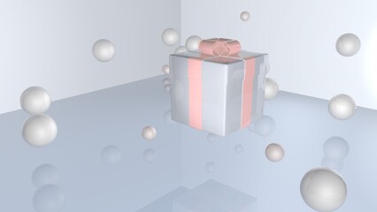 3d render. A silver gift box with a pink bow floats in the air, balls or bubbles fly around the box. Gentle, neutral holiday background.