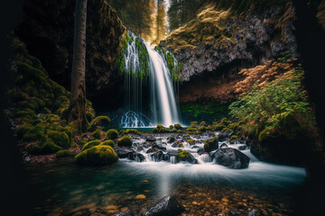 a waterfall with a long exposure amid a vibrant forest. Generative AI