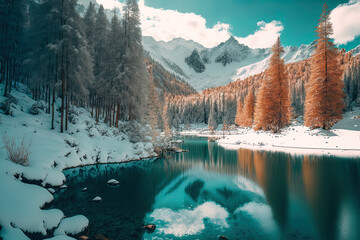 Beautiful wintertime landscape of a woodland in the snowy alps. Generative AI