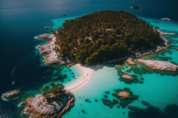 aerial drone view of stunning islands and unique beaches throughout the summer. Ionian Sea at Albania's Ksamil. hotels and resorts along the sea. Coastline. Generative AI - obrazy, fototapety, plakaty