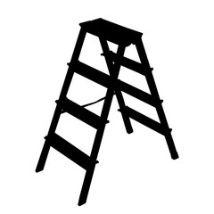 Ladder icon on white background. Aluminium or metal staircase with steps for housekeeping. Stepladder for repair, renovation and construction works. Folding step ladder silhouette.Vector illustration
