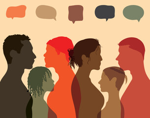 Social networks are a great way to communicate, share information and share ideas. Vector Illustration. Face-to-face communication between international people. Bubbles of speech and communication. 