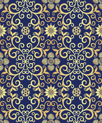 Vector seamless dark blue floral valentine vintage pattern with gold lace curls