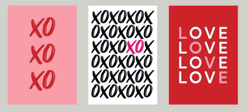 Love and XOXO - Valentine's day concept posters. Vector illustrations. Happy Valentines Day greeting cards