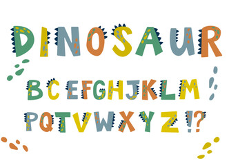 Cartoon Dinosaur font. Dino alphabet decorated letters, funny letters for nursery or kindergarten kids vector illustration set. Alphabet dinosaur, abc kids letter typography