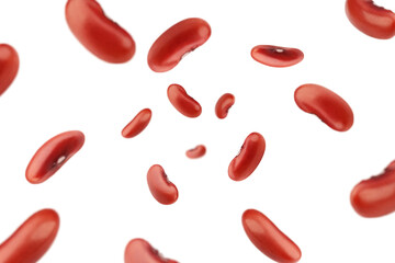 Falling red kidney bean, isolated on white background, selective focus