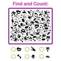 I spy game for kids. Searching and counting activity for preschool children with dino theme objects. Funny printable puzzle worksheet for kids.