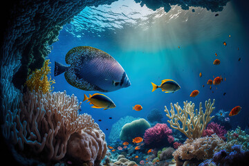 Fototapeta na wymiar Underwater coral reef and lagoon, underwater scenery, snorkeling excursion. Generative AI