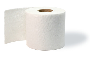 Close up Single roll of 100% recycled toilet paper, isolated o white background, copy space.