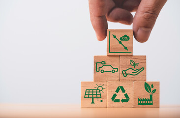 Stacking CO2 reducing ,Recycle ,Green factory icon for decrease CO2 , carbon footprint and carbon credit to limit global warming from climate change, Bio Circular Green Economy concept.