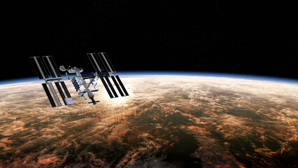 3D illustration. International space station on orbit of Earth planet. ISS. Dark background. Elements of this image furnished by NASA