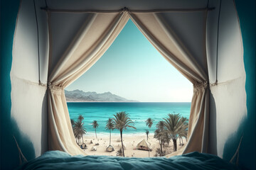 Fototapeta na wymiar out of window view with palm trees, sea and tents. Front view. Generative AI
