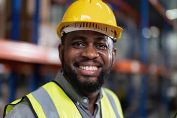 African american working in warehouse check forklift truck loading carton box smile portrait