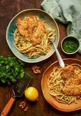 Crispy chicken wallnits and parsley pasta