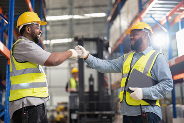 African american working in warehouse check forklift truck loading carton box smile check hand