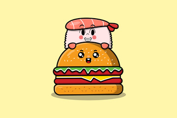 Cute Sushi shrimp cartoon character hiding in burger illustration in flat modern design