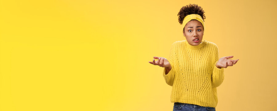 Confused Awkward Cute Female Employee Messed-up Papers Lost Paperwork Shrugging Raise Hands Uncertain Say Oops Cringing Uncomfortable Standing Clueless No Idea What Happening, Yellow Background