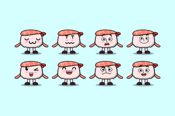 Set kawaii Sushi shrimp cartoon character with different expressions cartoon face vector illustrations