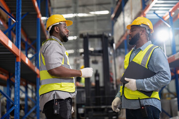 African american working in warehouse check forklift truck loading carton box smile check hand