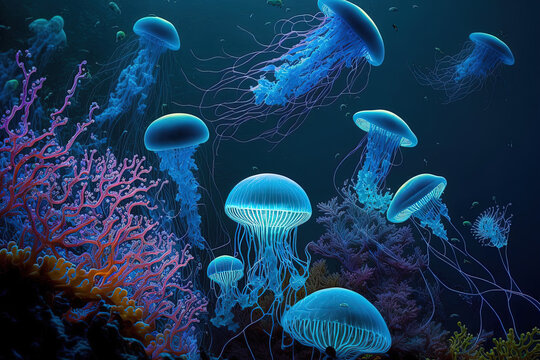 Long strands of cnidocytes and medusa like neon jellyfish float in the depths of the blue sea like glowing jellyfish. Generative AI