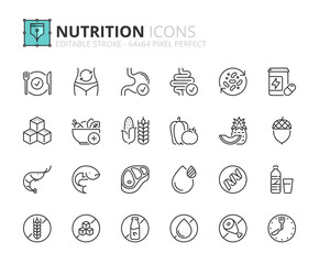 Simple set of outline icons about nutrition, healthy food.