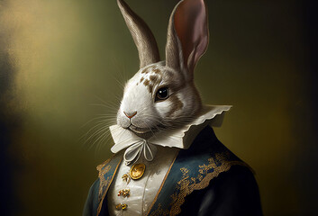 Rabbit aristocrat. Vintage outfit with ruff. White millstone collar. Generative Ai Art. Antique style portrait of a bunny in ruff collar.