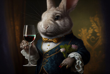 Rabbit aristocrat with glass of champagne. Vintage outfit with ruff. White millstone collar. Generative Ai Art. Antique style portrait of a bunny in ruff collar. - obrazy, fototapety, plakaty