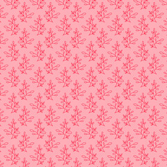 Delicate fabric pattern with simple red leaves isolated on a pink background Flat lay design