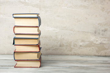 Vintage old hardback books. Education background. Back to school. Copy Space.