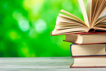 Vintage old hardback books. Education background. Back to school. Copy Space.