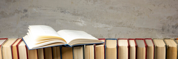 Vintage old hardback books. Education background. Back to school. Copy Space.