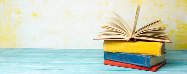 Vintage old hardback books. Education background. Back to school. Copy Space.