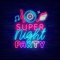 Super night party neon sign on brick wall. Disk and musical notes. Glowing greeting card. Vector illustration