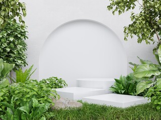 White pedestal in tropical forest for product presentation and white plaster wall.