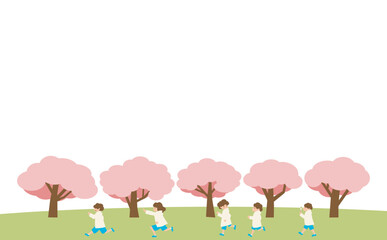 桜の下で走る子どもたち