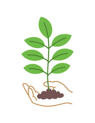 Hand with young tree. Growth of plant. Care for nature. Vector editable illustration.