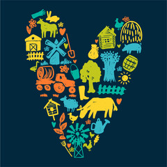 Vector pattern of agriculture and animals, hand-drawn in the style of a heart-shaped doodle