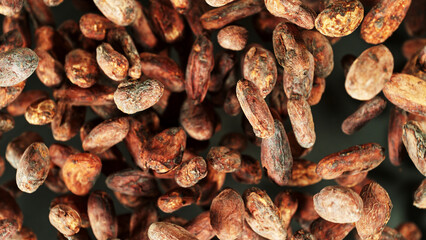 Cocoa beans flying in the air in freeze motion.