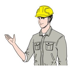 説明する日本人の工事現場員