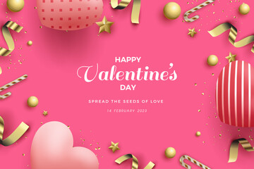 Happy valentines day vector background, Valentine's day greeting with illustration of balloons love, gold ribbon and gold grains.