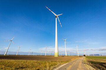 Obraz premium Group of windmills for electric power production on a agricultural field in Austria
