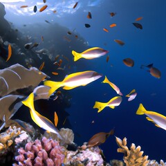 Fototapeta na wymiar Schools of colorful fish swimming above a coral reef, Generative AI