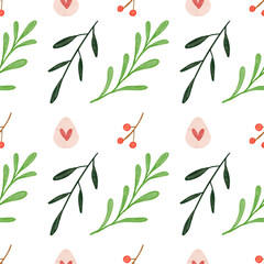 Watercolor easter egg with leaves and floral, heart seamless pattern. Easter watercolor illustration on white background. Spring fabric wrapping paper design