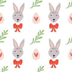 Fototapeta premium Watercolor rabbit head with red bow and floral seamless pattern. Easter watercolor illustration on white background. Spring fabric wrapping paper design
