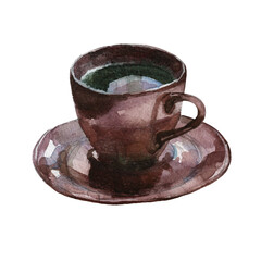 Brown coffee cup and saucer on transparent background. Watercolour illustration. For menu, recipe, cookbook, scrapbooking, stationery and packaging design