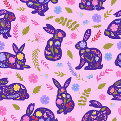 Cartoon rabbits seamless pattern. Funny easter bunny, spring eared hare animals, cute fur bunnies flat vector background illustration