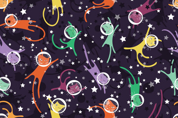 Seamless vector pattern with cute cats astronauts on starry space background. Dark bright print with pets in spacesuits among the stars. Cosmic night cartoon